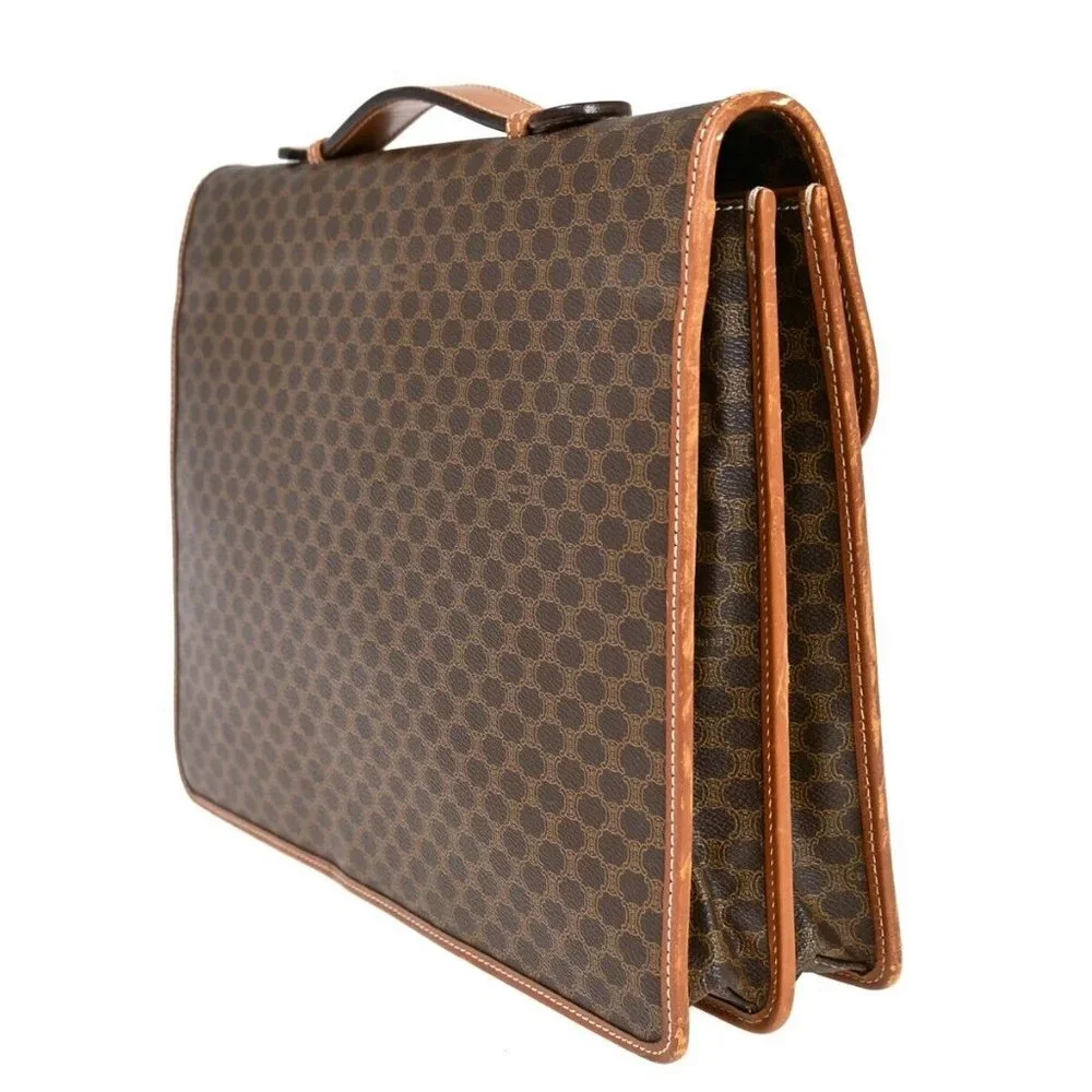 CELINE Logo Macadam Pattern Briefcase Hand Bag PVC Leather Brown Italy